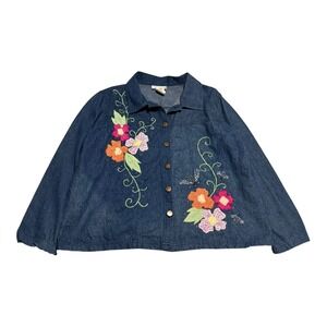 Vintage Tapestry Patch Cotton Flower Floral Denim‎ Jacket Women's XL